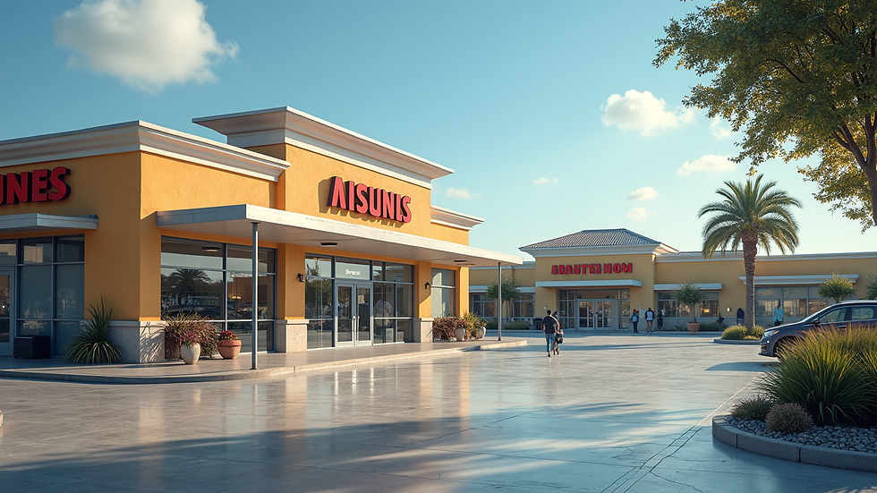 Wide angle view of commercial plaza with coordinated signage