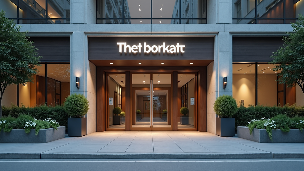 Eye-level view of modern office building entrance with branded signage