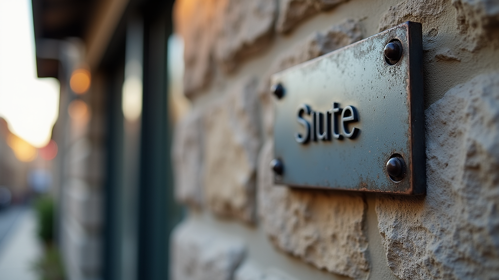 Close-up view of metal architectural sign mounted on stone wall