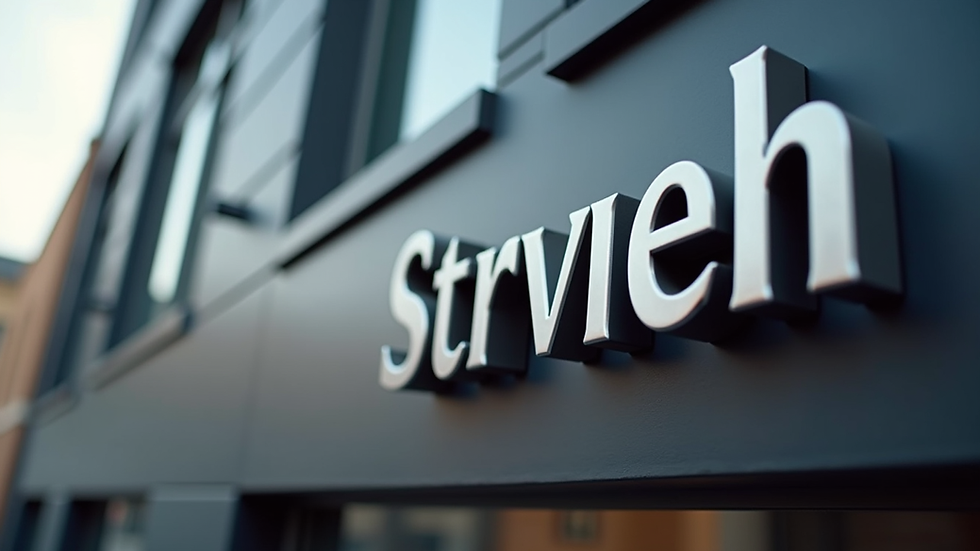 Eye-level view of a modern aluminum dimensional letter sign on a building facade