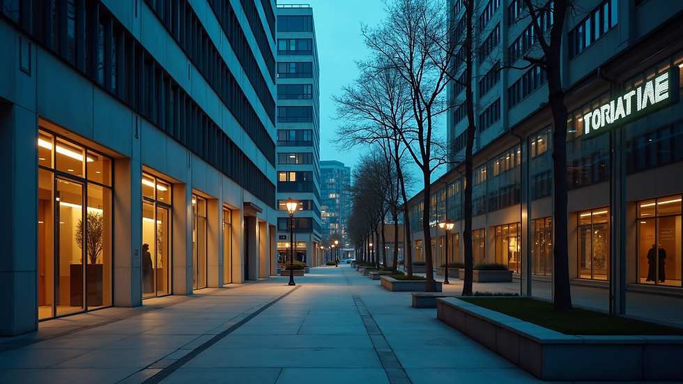 Eye-level view of a modern building facade with integrated illuminated signage