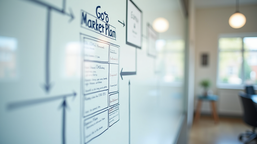 Eye-level view of a whiteboard with a go-to-market plan diagram