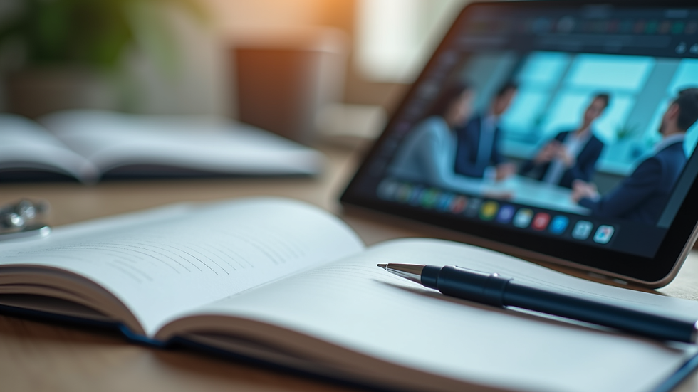 Close-up view of a notebook and pen beside a tablet showing a virtual meeting interface