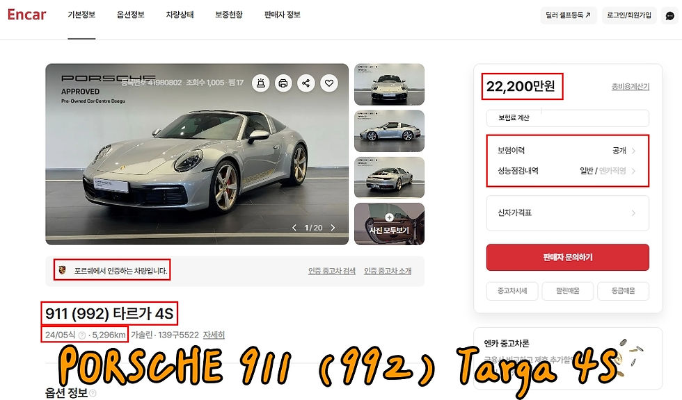 韓規2024 PORSCHE 911 (992) Targa 4S外匯車價格多少錢？有什麼配備呢?