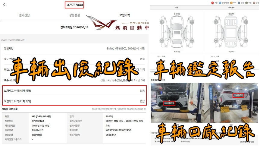 韓規BMW (G90) M5 Sedan外匯車車況：出險紀錄、鑑定報告、回廠紀錄。