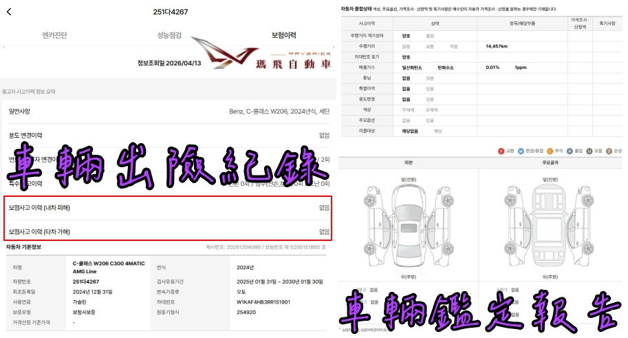 韓規BENZ (W206) C300 4MATIC AMG Line外匯車車況：出險紀錄、鑑定報告。