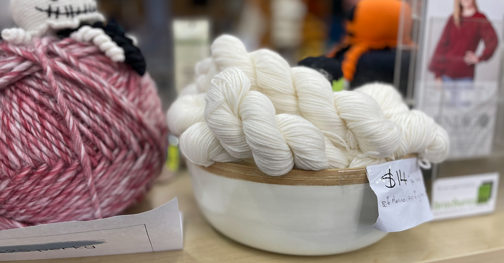 2 bowls of yarn, one is undyed