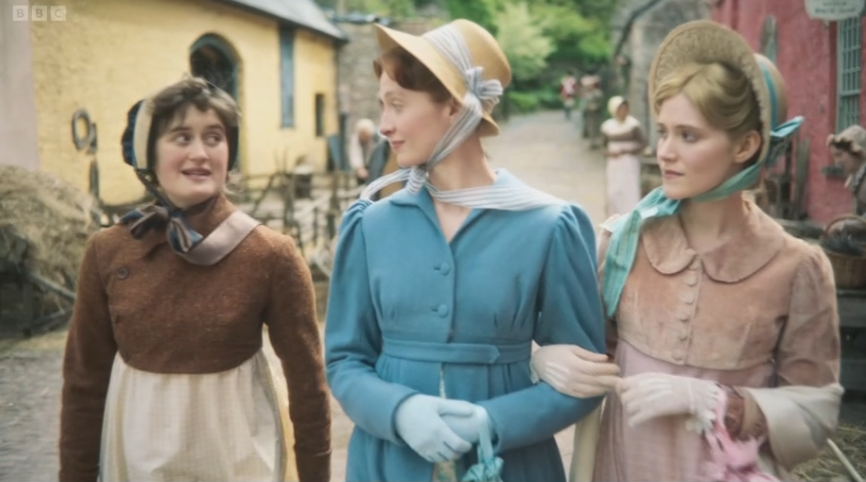 Mary talking to her sisters Elizabeth and Jane while walking down the street