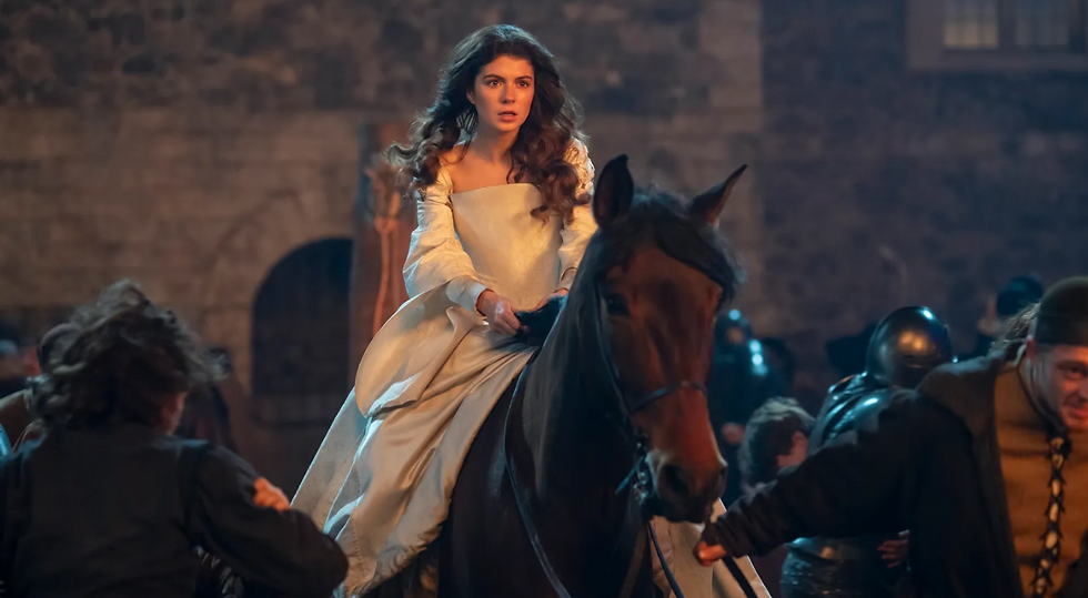 Jane riding Guildford the horse away from the Tower