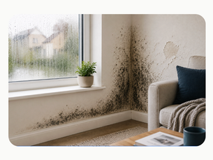 Infographic showing how poor ventilation, high humidity, cold surfaces, thermal bridging and leaks can cause damp, mould and condensation throughout a home.