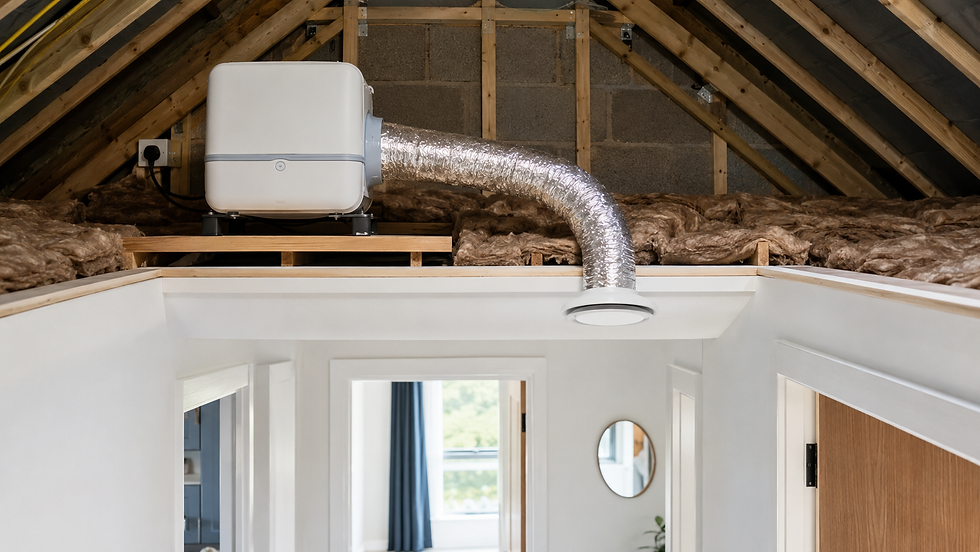 Loft-mounted Positive Input Ventilation unit supplying fresh, filtered air through a ceiling diffuser in a modern home.