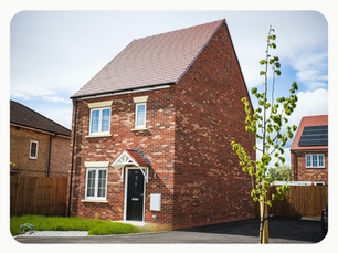 Modern detached red-brick new-build home with a driveway, front lawn and young tree.
