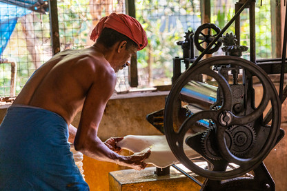 Indian man using old machinery to create rubber latex