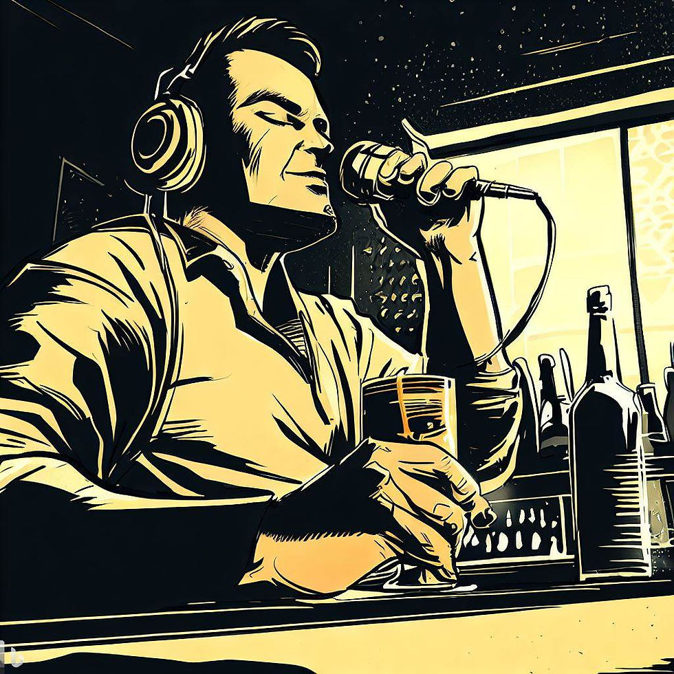 man drinking in bar with headphones and mic.