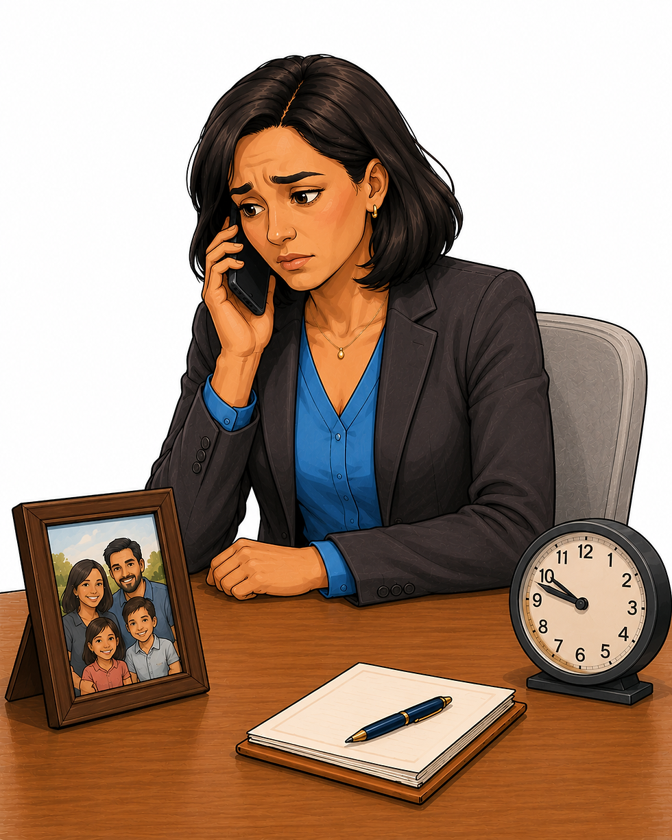 A stressed female professional experiencing burnout, on her cell phone and looking longingly at a photograph of her family