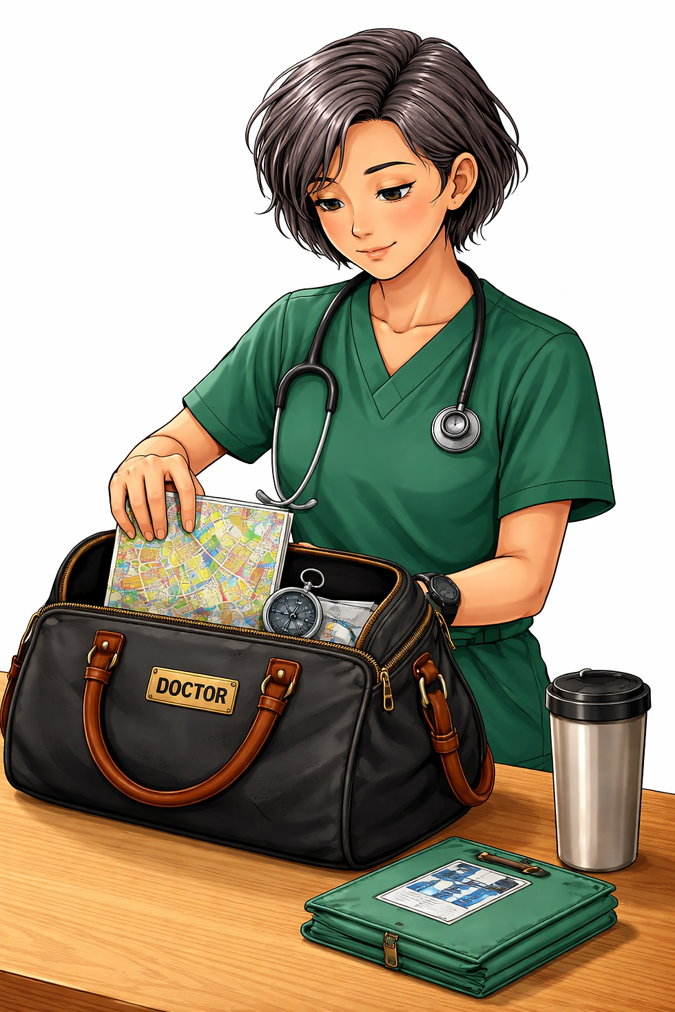 A female doctor in green scrubs packing her bag with a map for her next career adventure