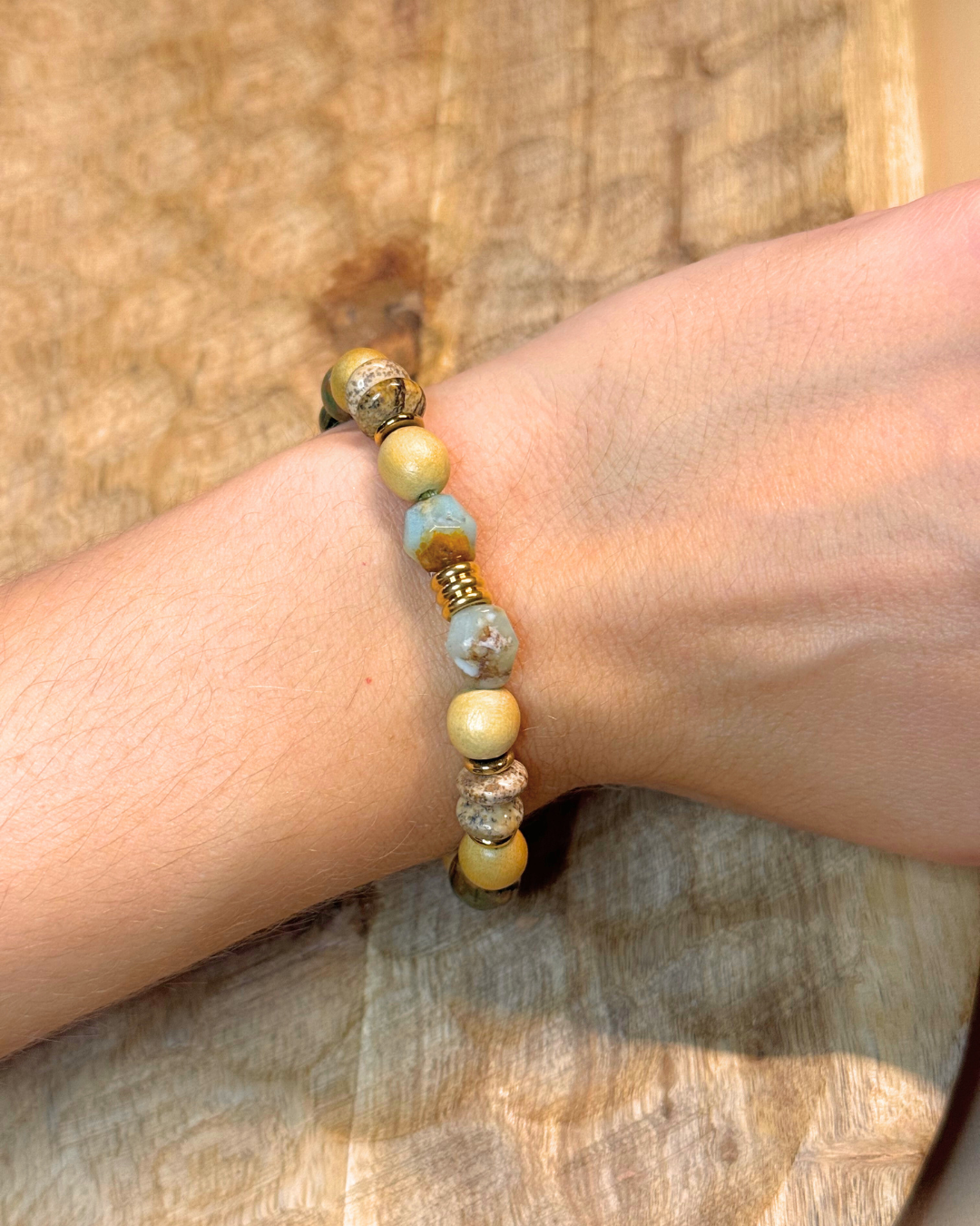 Bracelet “Élément Terre” – Jaspe Paysage, Rhyolite, Chrysoprase & Perles de Bois