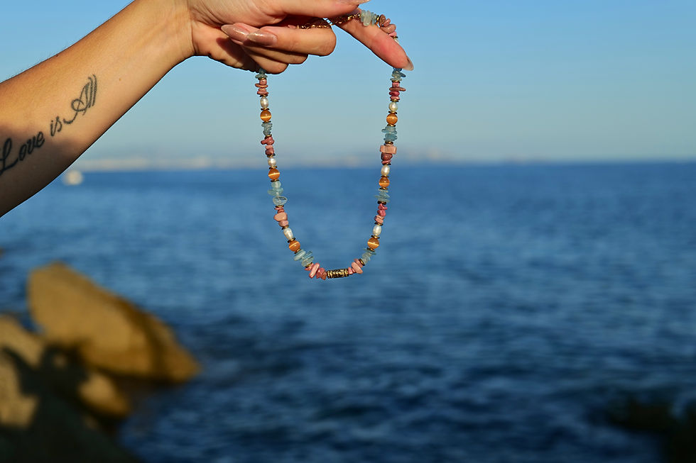 Miniature : Collier Auréa - Rhodonite, perle de culture, aigue marine,amazonite,oeil de chat