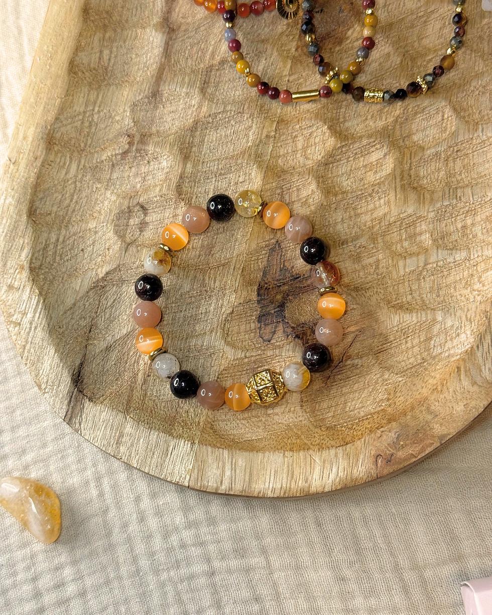 Bracelet Éclat & Harmonie – Œil de Chat, Citrine, Grenat, Pierre de Soleil