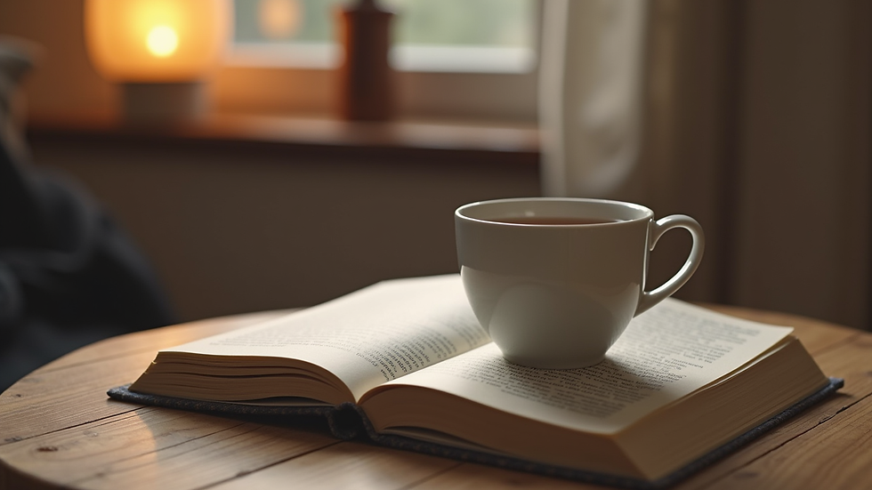 Eye-level view of a cozy room with a journal and a cup of tea on a wooden table