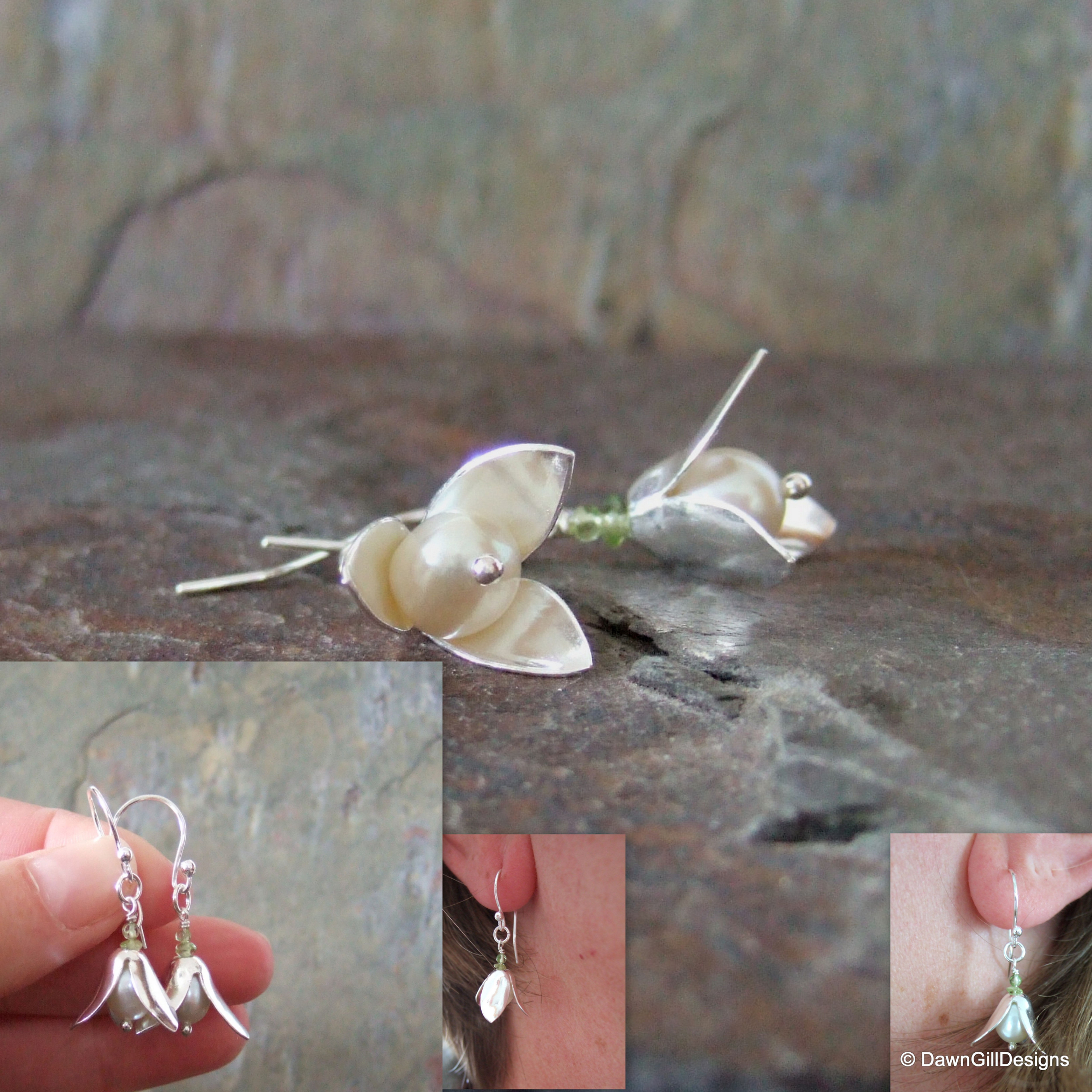 Snow drop earrings - peridot and pearl (or add birthstones)