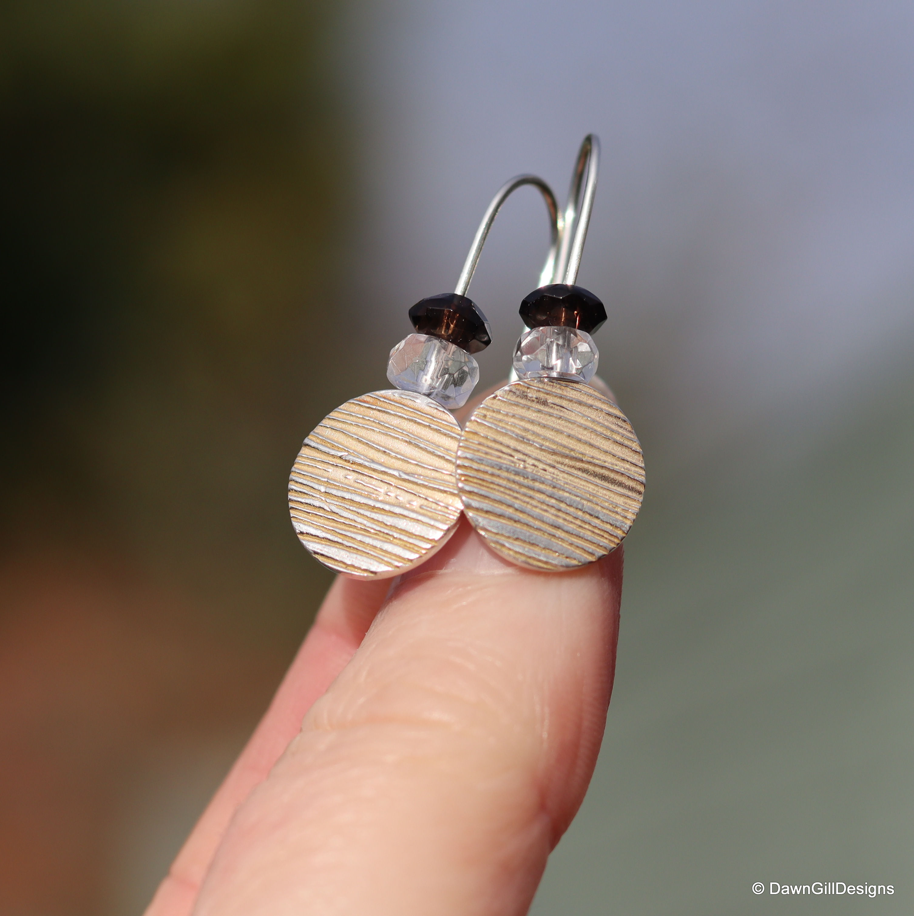 Fine and sterling silver textured, drop earrings, with quartz beads