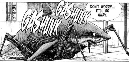 a shark climbs on land with terrible robot legs