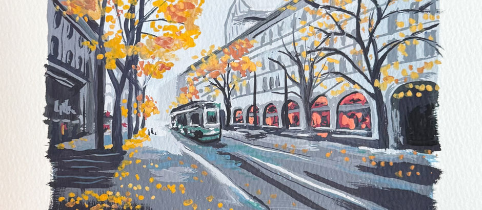 gouache painting of a foggy street in the fall