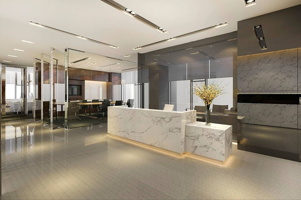 Un hall d’entrée moderne doté d’un comptoir en marbre blanc.