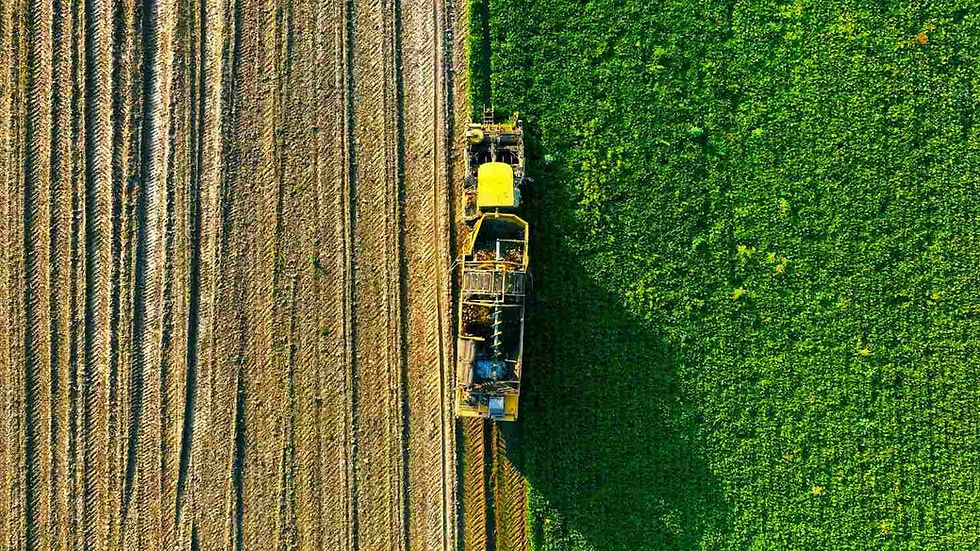 Aerial view of an agricultural harvester in a field.