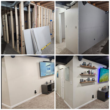 Before and after pictures of an unfinished basement all the way to a finished basement done by AJ Drywall, LLC in Grand Rapids, Michigan and serving West Michigan.