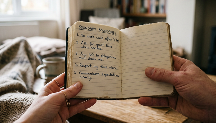 Close-up of two hands loosely holding a small notebook with handwritten boundary phrases