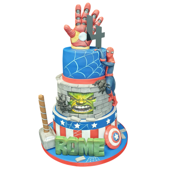 A colourful and detailed superhero-themed cake featuring characters from the Avengers and Spider-Man in a vibrant and fun design. Perfect for fans of these iconic comic book heroes.