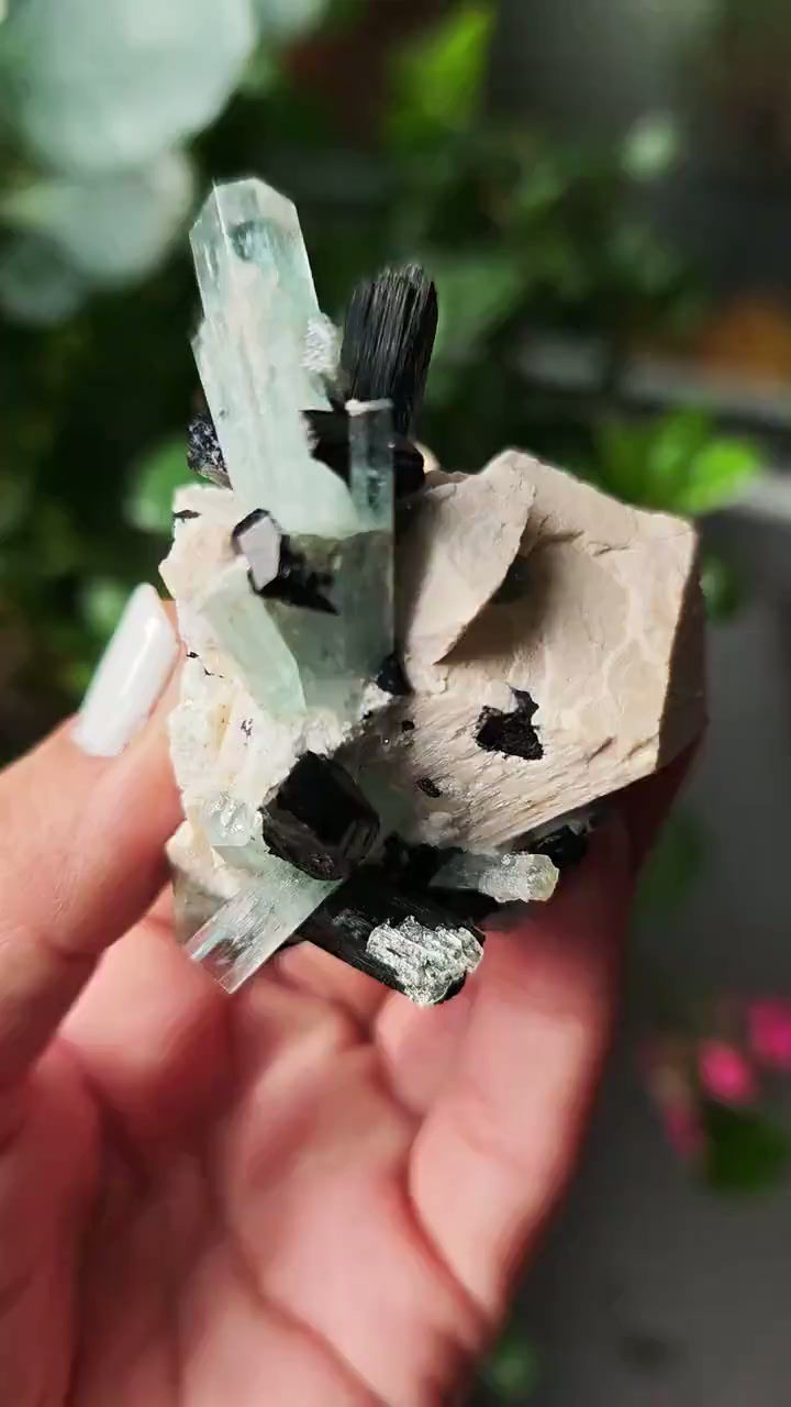 Thumbnail: Aquamarine with Hyalite opal and schorl and Feldspar ~ Erongo Mountains, Namibia
