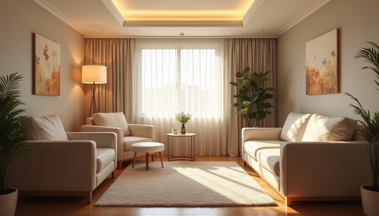 Eye-level view of a calm therapy room with comfortable chairs and soft lighting