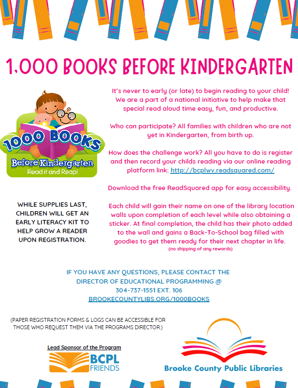 Flyer for 1,000 Books Before Kindergarten, with cartoon kids reading and library signup details on a white background.