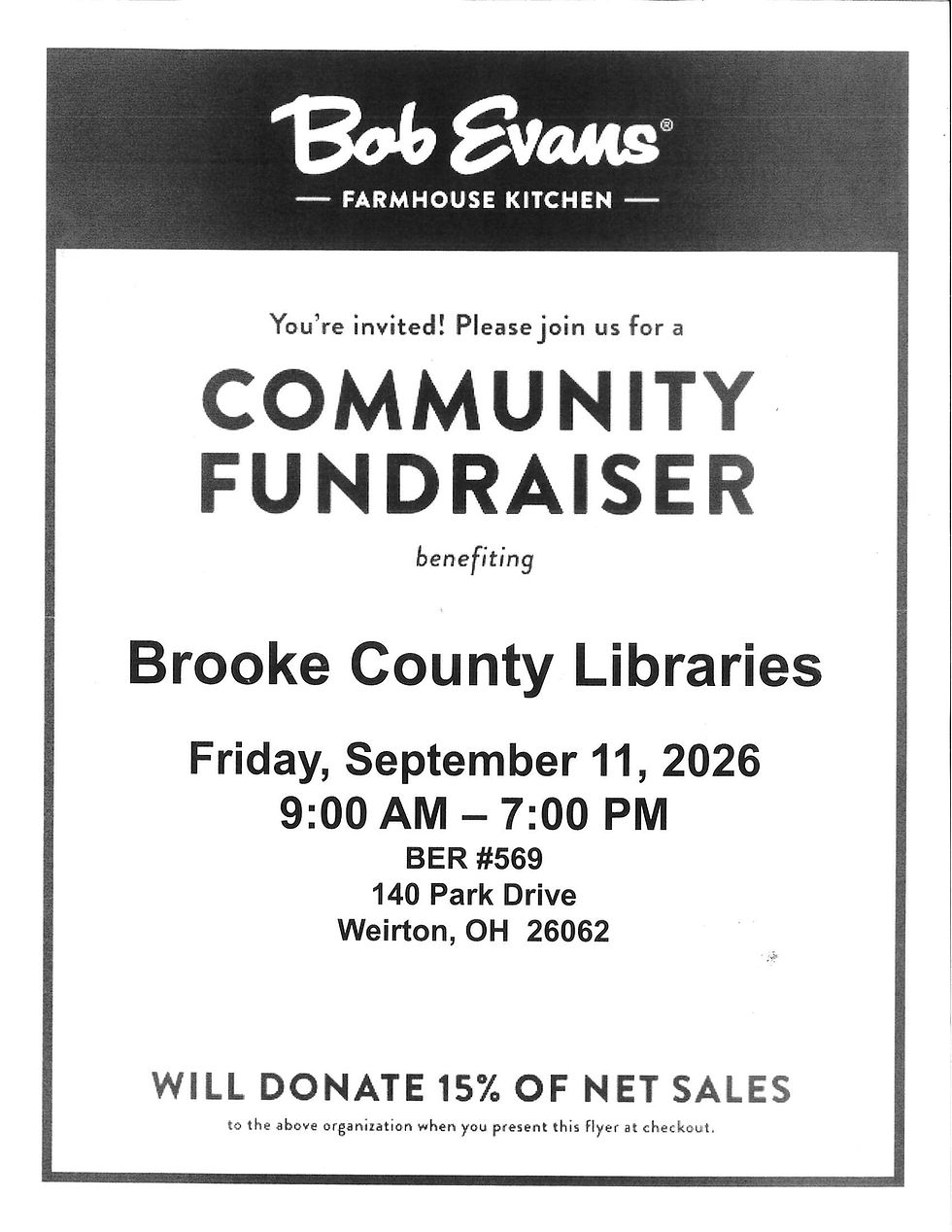 Bob Evans Farmhouse Kitchen flyer for a community fundraiser benefiting Brooke County Libraries, Sept. 11, 2026.
