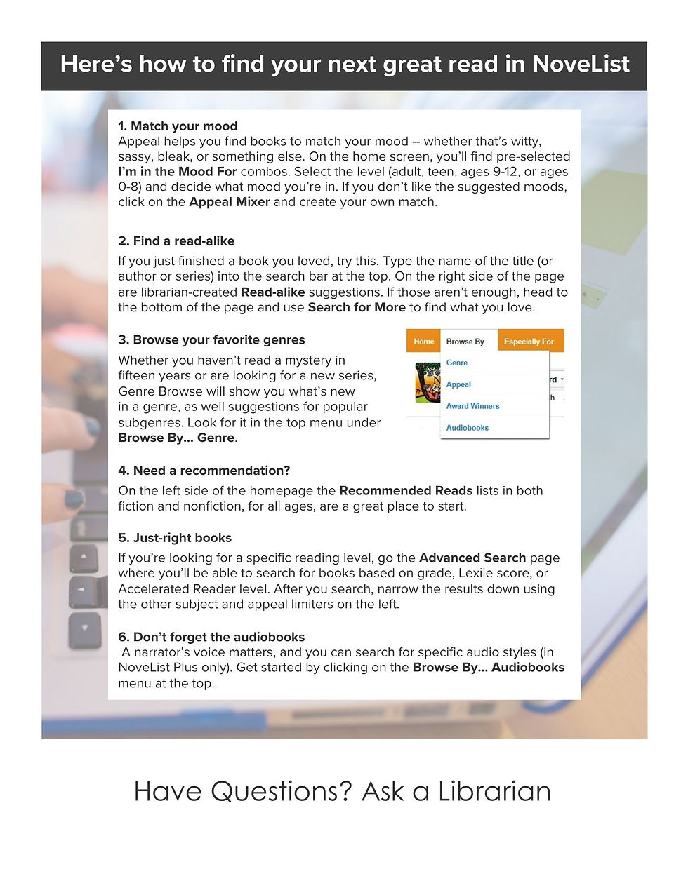 The back of the NoveList Reader flyer, which showcases 6 steps on how to find your next great read.