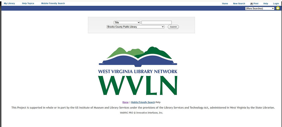 Search interface for West Virginia Library Network. Includes title, library dropdowns, and submit button. WVLN logo with mountains.