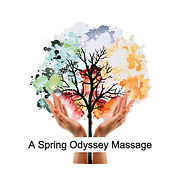 Two hands gently cradle a stylized tree, its branches depicted against a colorful watercolor backdrop suggesting springtime renewal, advertising a "Spring Odyssey Massage".