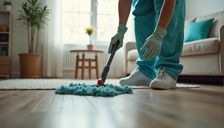 Eye-level view of a caregiver's hands wearing gloves while cleaning a living room floor