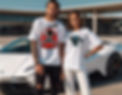 A man and a woman wearing oversized white tee shirts with loose sleeves up to the elbow_e