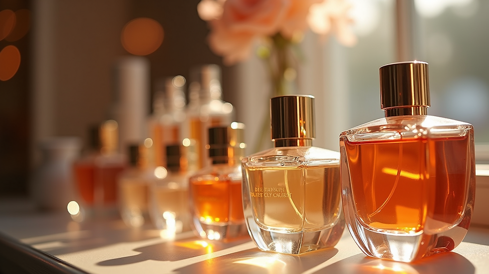 Close-up view of a beautifully arranged perfume display