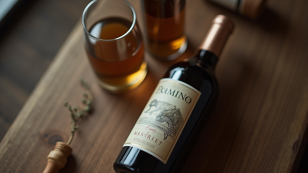 Close-up view of a wine bottle with a unique label