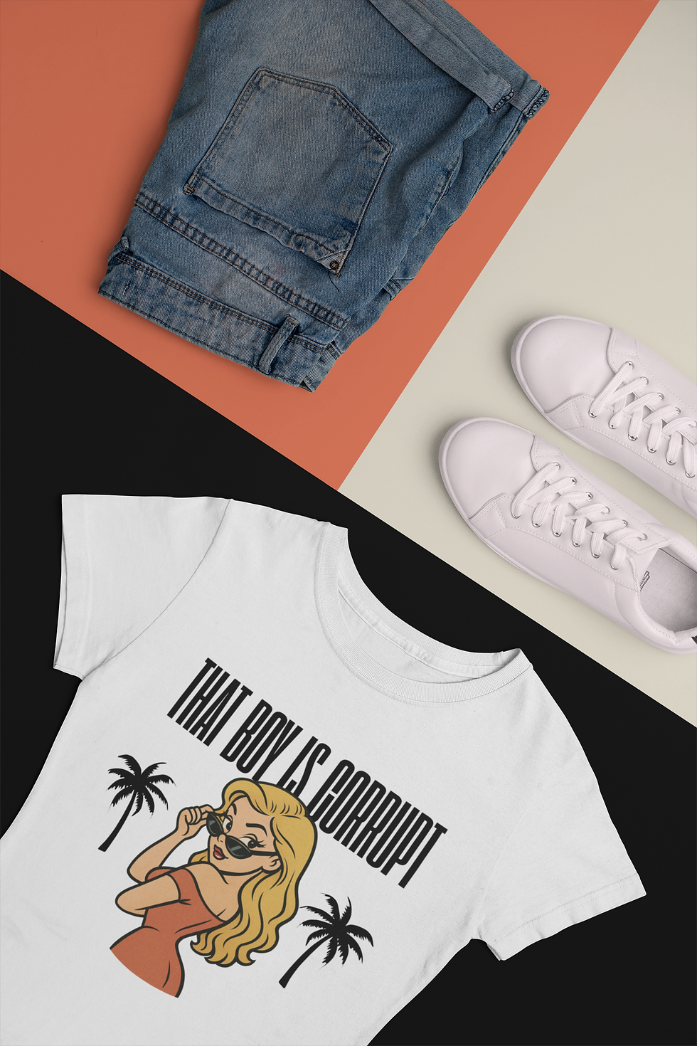 90s vintage t-shirts womens baby tee with retro blonde pin-up girl graphic saying That Boy is Corrupt, palm tree design