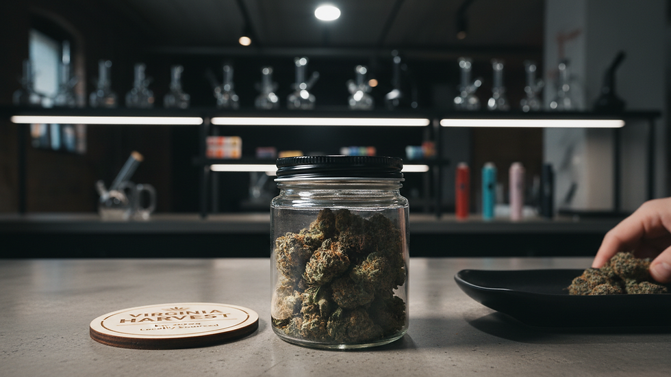Close-up view of cannabis flower buds in a glass jar at a Virginia dispensary