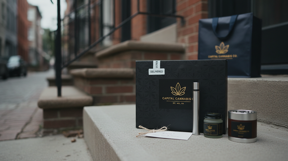 Eye-level view of a cannabis delivery package on a doorstep