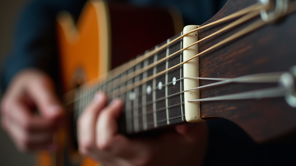 Eye-level view of guitar fretboard showing finger placement for G major scale