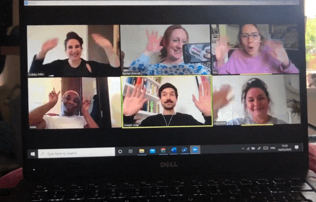 The BGP team are having a Zoom meeting. Six people are all waving at the camera