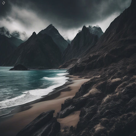 Create photo consistent with a dark theme of mountains and ocean.jpg